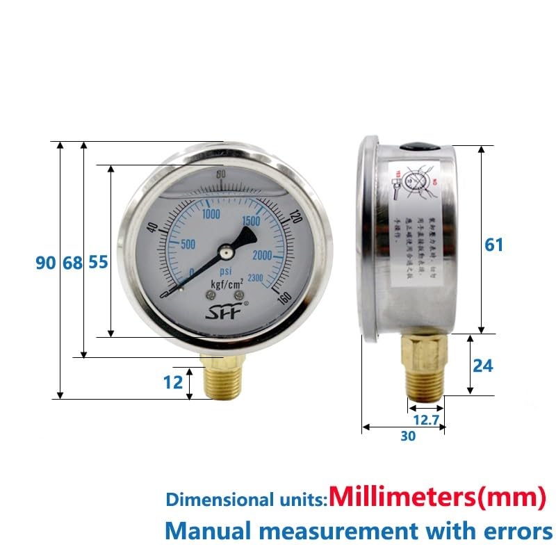Manómetros de presión de llenado de glicerina resistentes a golpes hidráulicos YN60 PT/G1/2 radiales con caja de acero inoxidable y junta de latón, 16/25/400 Mpa/kg, 1 unidad(0-0.4Mpa 4Kg Brass)