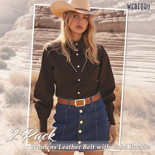 WERFORU 2 Pack Women Leather Belts for Jeans Pants Fashion Leather Belts for Women Waistband with Gold Pin Buckle3