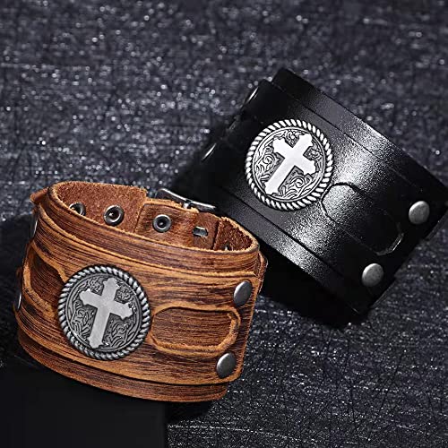 NIGHTCRUZ Wide Leather Bracelet with Cross, Medieval Leather Cuff Wristband for Mens3
