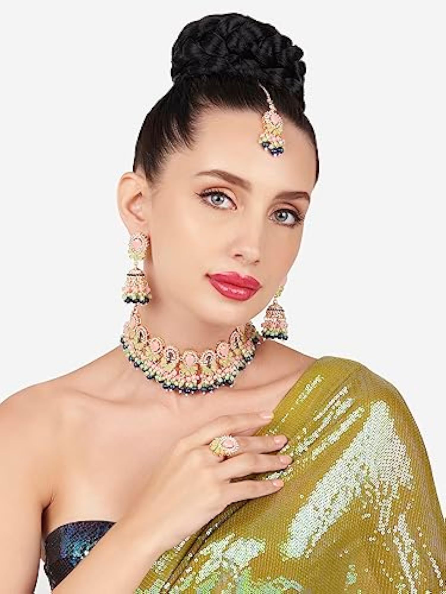 Beaded Kundan Choker Necklace Earring Set -ZPFK16159