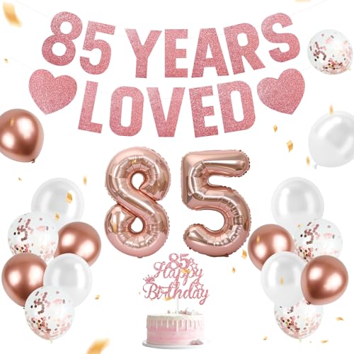 85th Birthday Decorations for Women Rose Gold 85 Years Loved Banner Happy 85 Cake Topper Large 32 Rose Gold Foil Balloons 8 & 5 Latex & Confetti Balloons for Mom Grandma Party Supplies