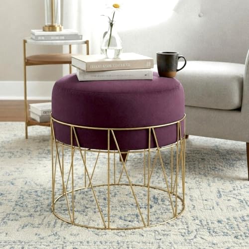 Image of Premium Gold Metal Ottoman Pouffe Stool & Footrest for Living Room & Bedroom | Wine Soft & Classy Mosha Fabric with Linear Frame | 18 inch Height | Luxury Multipurpose Furniture & Home Decor