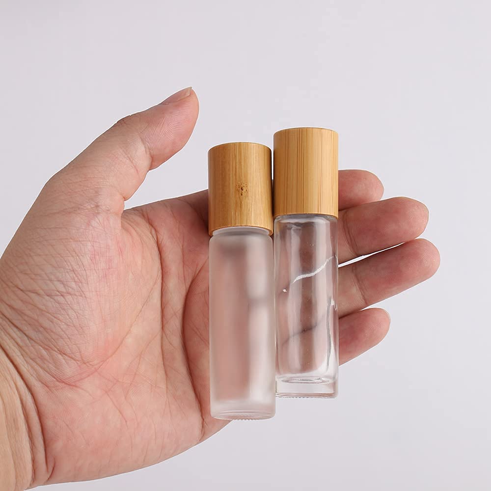 Lot de 18 flacons à bille en verre dépoli avec couvercle en bambou de 10 ml pour huiles essentielles, flacons à bille pour huiles essentielles, 10 ml (givré)