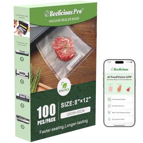 Image of Beelicious Pro Precut Vacuum Sealer Bags for Food Storage 100 Count 8 inch x 12 inch with BPA-Free, Heavy Duty, Commercial Vacuum Seal Bags for Sous Vide & Seal a Meal