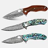 Benkey VG10 Damascus Abalone Seashells Pocket Knife and VG10 Damascus Natural Wood Pocket Knife Bund