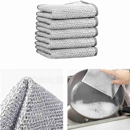 Image of Afrodite Non Scratch Wire Dishcloth, Multipurpose Wire Dishwashing Rag for Wet and Dry, Multifunctional Dish Rags for Washing Dishes, Reusable Steel Wool Scrubber for Kitchen Cleaning (6pcs)