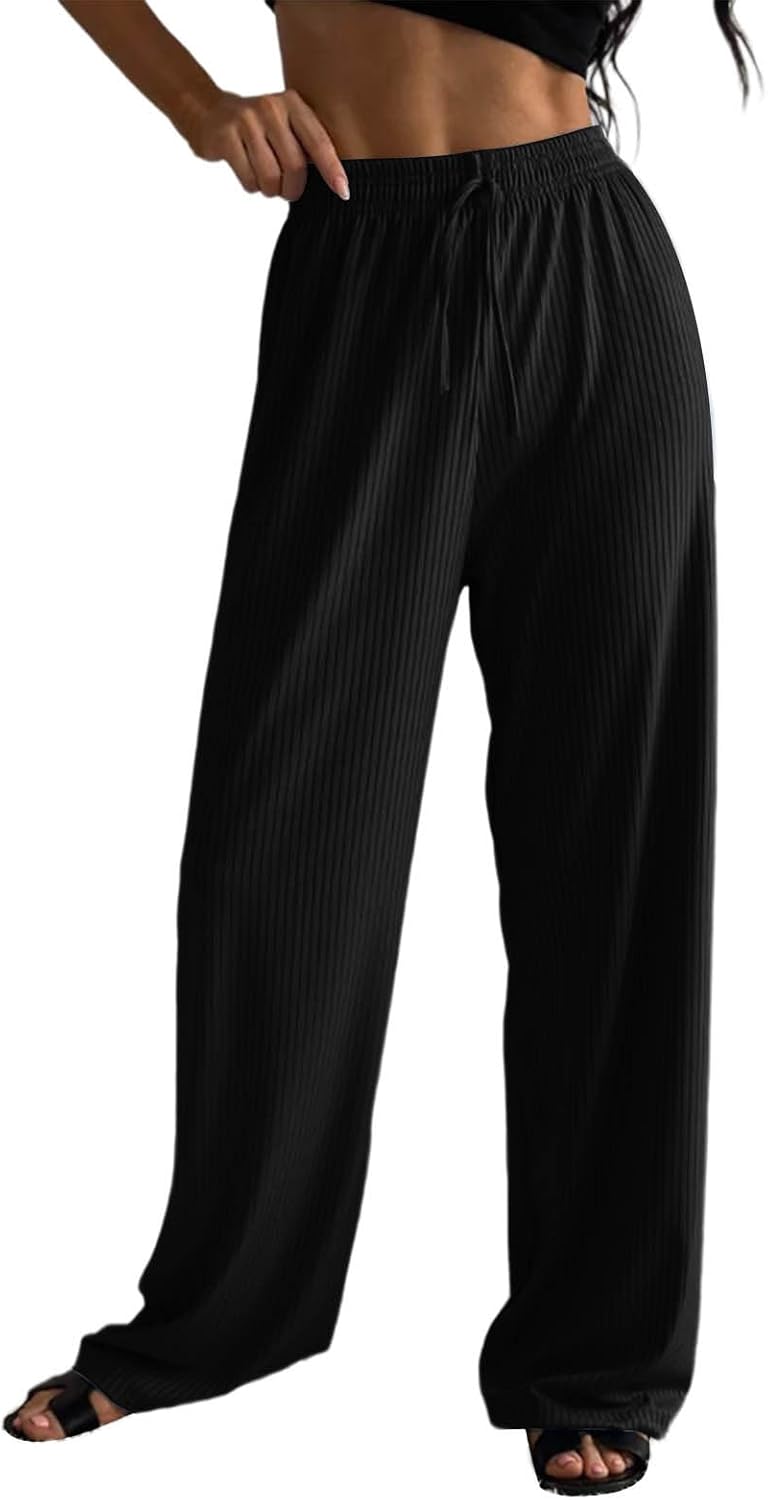 Women's Wide Leg Sweatpant Drawstring High Waisted Ribbed Baggy Lounge Pant Fashion Solid Sport Summer Fall Trouser