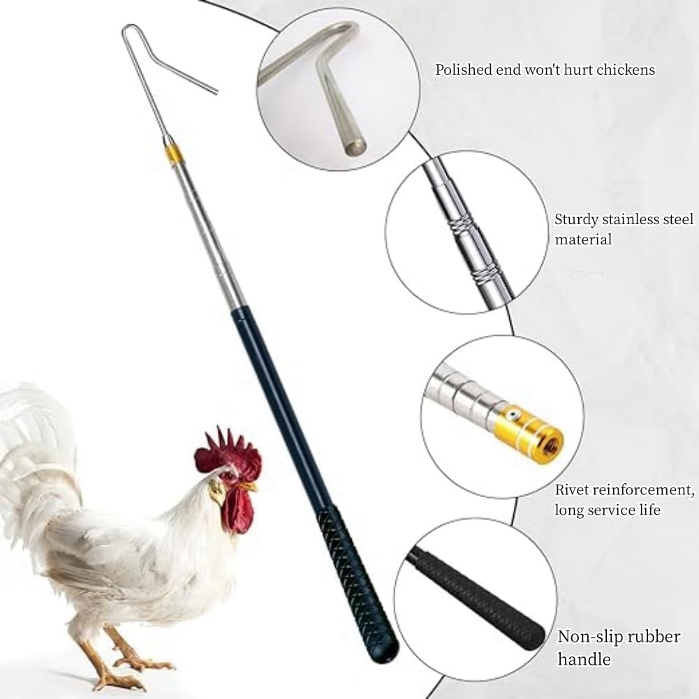 Set de gancho para patas de gallinas retráctil y red de captura (2-en-1), gancho para aves de acero inoxidable, dispositivo de captura de red para aves, equipo de cría de aves para aves, pollo, pavos