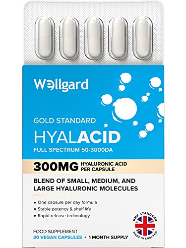 New Hyaluronic Acid Supplements 300mg by Wellgard - Hyaluronic Acid Capsules, Rapid Release Technology Compared to Most Hyaluronic Acid Tablets & Powder, Vegan, Made in UK