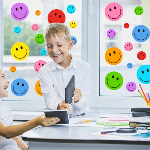 Image of Whaline 9 Sheet Smile Face Window Clings Colorful Cute Happy Face Window Decals Double-Sided Reusable Glass Sticker for Home Back to School Classroom Office Nursery Windows Decor