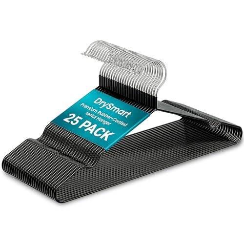 DrySmart 25 Pack Premium Rubber-Coated Metal Clothes Hangers Heavy-Duty Non-Slip Space-Saving Coat Hangers for Adults Ideal for Shirts Suits Jackets & Wardrobes (Black)