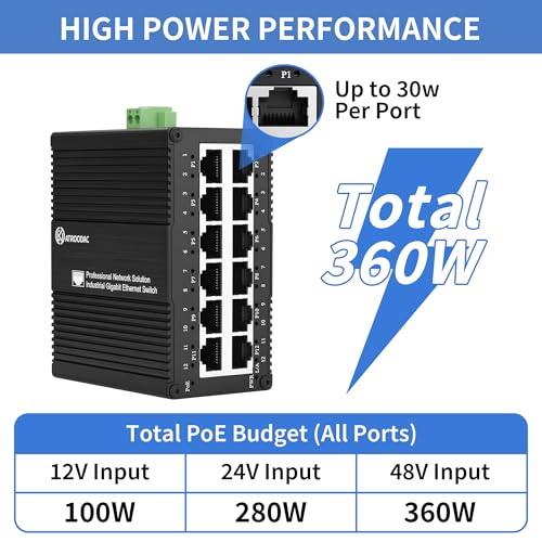 Image of Industrial 12 Port Gigabit PoE Switch, DC 12-48V to 48V PoE Boost | 12 PoE+ Ports, Total 360W, Unmanaged Network Switch, DIN Rail or Wall Mount Ethernet Switch, IP40 for IP PTZ Camera Solar RV
