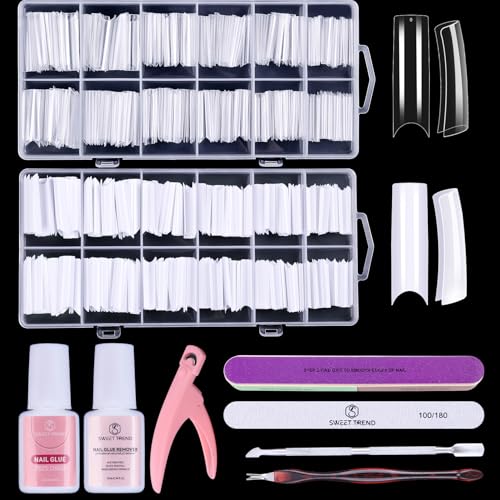 Fake Nail Tips White Clear: Sweet Trend No C Curve Tapered Square Nail Tips for Acrylic Nails - 480Pcs 12 Sizes Extra Long Straight Nail Extension Kit - with Glue Remover & Glue Acrylic Clippers Set