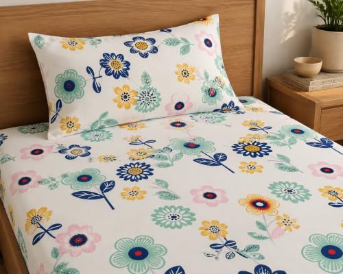 Image of LOOMLYFE Microfiber Soft Cotton Single Bed Bedsheet for Diwan Bed, Size 60 Inches X 90 Inches, 152 X 230 cm with 1 Large Size Pillow Covers Without Joint - BlueSunflower
