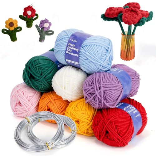 Image of Caydo Aluminum Craft Wire and Acrylic Yarn Skeins Kit, i-Cord Knitting Kits for Beginner for DIY Handicraft Making, 8x25g Yarn & 2 Roll 5M x 3 mm Wire