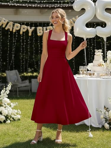 Image of Kaximil Women's Square Neck Corset A Line Maxi Dress Ruffle Ruched Waist Flowy Long Dresses