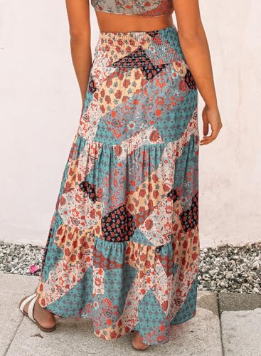 Image of Happy Sailed Womens Floral Print Boho Maxi Skirt Elastic High Waist Pleated Ruffle Flowy Long Skirts S-XL