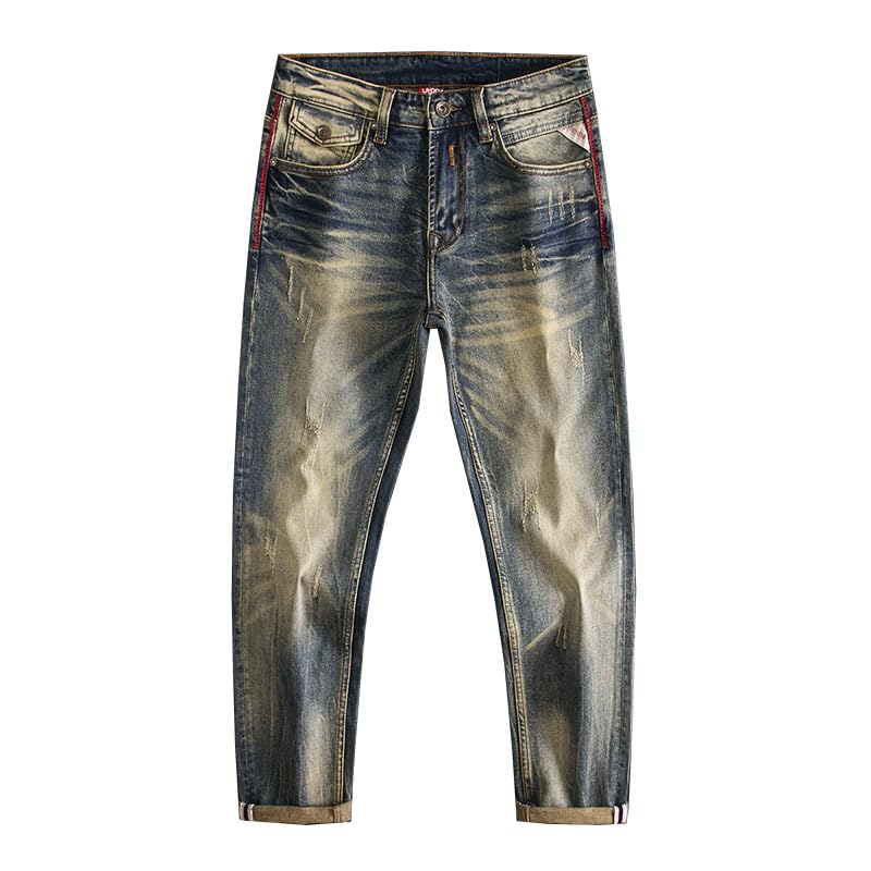 Men Jeans Retro Black Blue Stretch Slim Fit Ripped Jeans Vintage Denim Pants Mens ​​Trousers