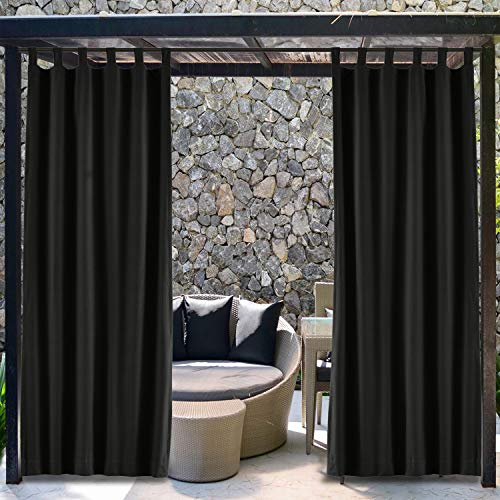 TWOPAGES Outdoor Pergola Curtain Thermal Insulated Blackout Drape Black Waterproof Tab Top Top