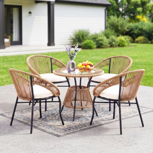 Image of DEVOKO Bliss 4 Seater Outdoor Patio Rope Conversation Set with Glass Top Table (Beige /Cream), Powder-Coated Metal Frame & Water-Resistant Cushions for Balcony, Garden, Terrace