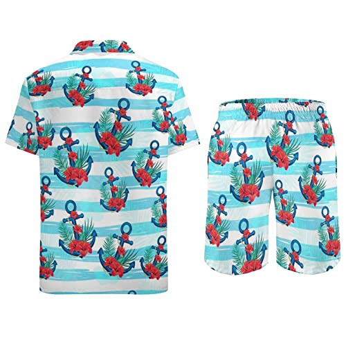 Men's Blue Flower Shirt Hawaiian Sets Casual Button Down Short Sleeve Shirt Set Retro Party Shorts Beach Outfits #TOP2