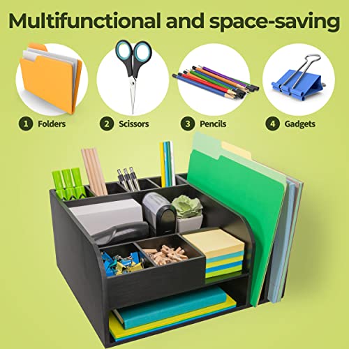 MissionMax Black Bamboo Desk Organizer with attached Upright File Holders. Fully Assembled and Holds all your Accessories, Supplies and Storage needs for Office, Home and Classroom Organization - Thumbnail 3