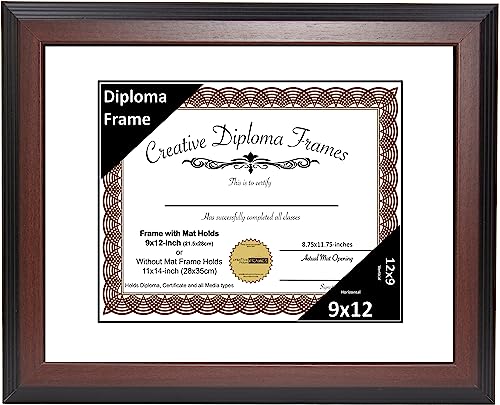 Creative Picture Frames 9x12 Mahogany Finish Diploma Frame with White Matting Holds 9 by 12-inch Documents with Glass and installed Wall Hanger
