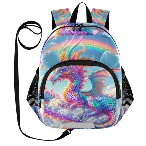 CHIFIGNO Mochila para niños y niñas, pequeña bolsa de viaje para libros, mochila escolar para preescolar, jardín de infantes, primaria, Dragón arcoíris con nube, S, Lindo