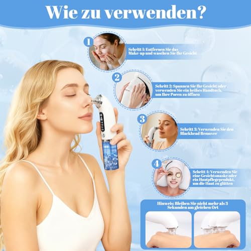 Mitesserentferner Porenreiniger Porensauger mit Sichtbarem Wassertank, 75 kPa Starker Saugkraft, 4 Modi und 6 Aufsätzen für Gesichtsreinigung, Akne- und Mitesserpflege, Mitesser Porensauger Entferner