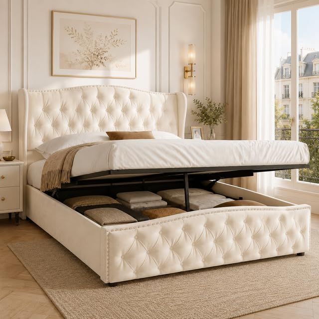Cama 140x200 cm con canapé abatible y somier de láminas, Cama de Matrimonio tapizada, cabecero capitoné Chesterfield, Apertura hidráulica, Estructura metálica, Terciopelo Beige sin colchón