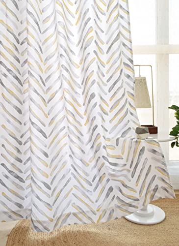 Image of Tranquebar Curtain Co. Cotton Curtains 8 Feet Long, 60-65% Room Darkening, Yellow & Grey Watercolor Chevron Print, 8 Feet Curtains, 8 Feet Curtains, BackTab Loops, Design Raya (244 cm) - Set of 2