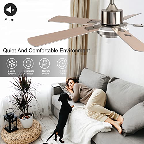 Boomjoy 52”Wood Ceiling Fans With Lights And Remote Control Indoor Outdoor Modern Silver Ceiling Fan With Led Bright Light For Living Room Bedroom Farmhouse Patios Garage Gazebo Dc Motor Dual 5 Blades #TOP6