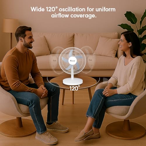 Image of Rico Rechargeable 12 inch Table Fan | Runtime: 3hr (High) & 10hr (low) | With Built in power bank to charge your phone Type-C Charging | BLDC Motor with 3-Speed Settings |Silent Operation | Portable