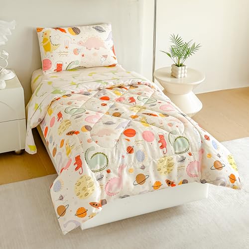 Image of Tailor Shop 4 Pieces Toddler Bedding Dinosaur Toddler Dinosaur Comforter for Boys Bed in A Bag Includes Quilted Comforter Fitted Sheet Top Sheet and Pillow Case