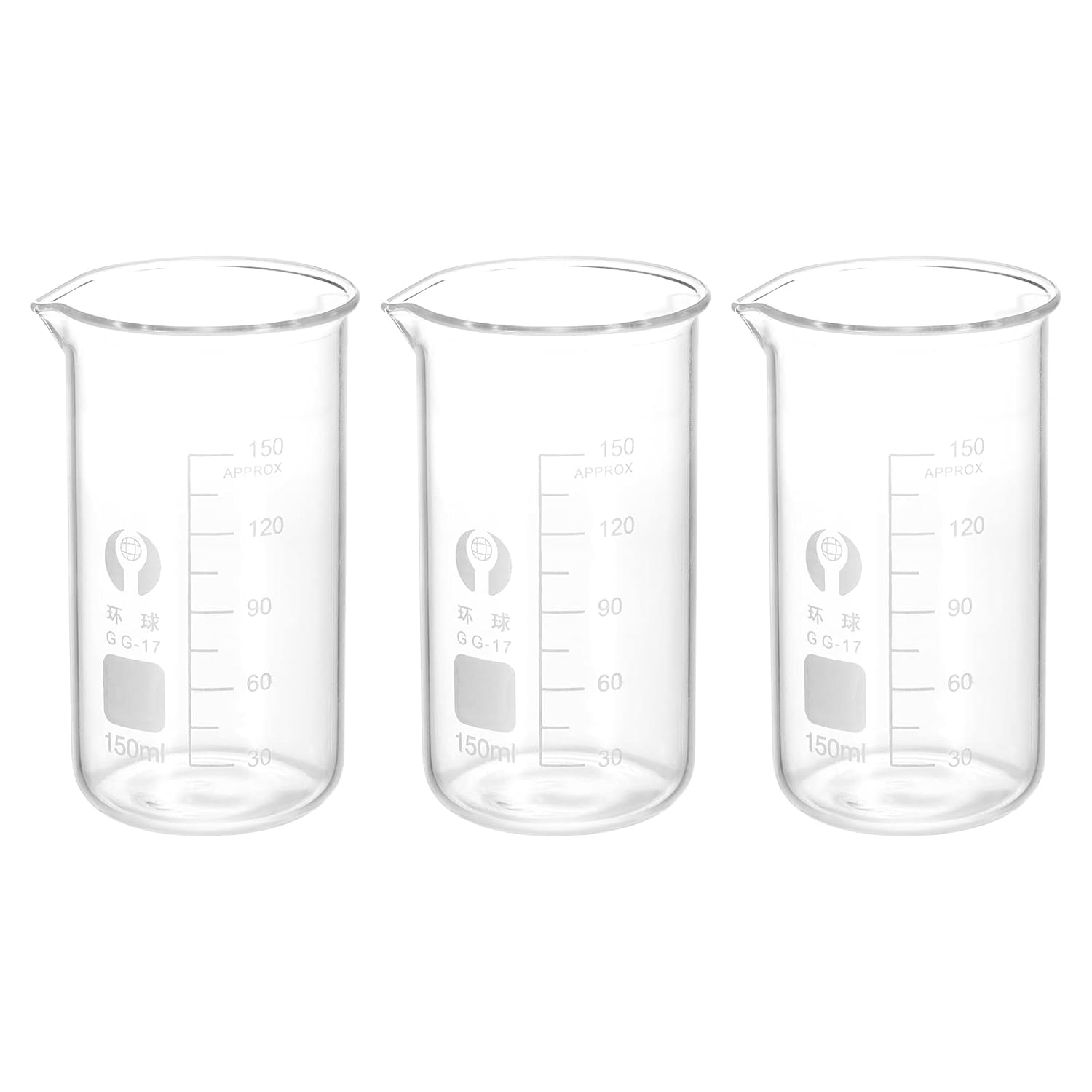 PATIKIL 3Pcs 150ml Tall Form Glass Beaker, 3.3 Borosilicate Glass Graduated Printed Scale Measuring Cups with Spout for Kitchen Lab Liquids