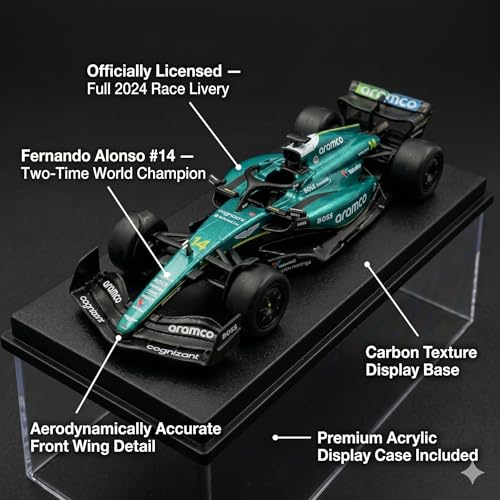 Image of Wizplex RW Official Licensed Formula 1 Aston Martin AMR24 F1 Fernando Alonso #14 1:43 Scale DieCast Model - Acrylic Display Case Inertia Drive Metallic Green Collectible