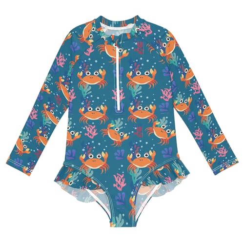 Cute Crab Girls Long Sleeve Rashguard Swimsuit UV Protection One-Piece Swimwear Bathing Suit B0404072