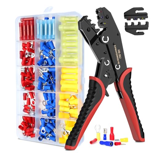Juego de crimpadora con 2 mordazas intercambiables para terminales de cable de 0,5-6 mm², 210 terminales de cable y tubo termorretráctil, juego de alicates para reparación de cables/electrodomésticos