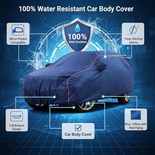 Image of Sulfar 100% Water Resistant Car Body Cover Compatible with Mirror for Mahindra Scorpio (Triple Stitched, Full Bottom Elastic, Blue Taffeta with Red Piping)