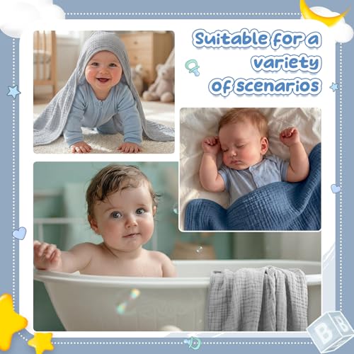 Image of Breling 6 Pcs Muslin Hooded Baby Bath Towel, Hand Towels and Washcloth Set, 36 inchx 36 inch Cotton Newborn Bath Towel Cotton Absorbent Blanket Unisex Newborn Gift Essentials for Girl Boy (Blue,Grey)