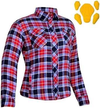 Womens Motorcycle Flannel Shirt- Cotton Plaid Biker Riding Jacket-CE Approved Armor - Reinforced w/Aramid Fiber