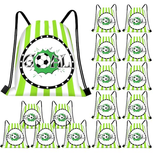 Dimore 16 Pack Soccer Snack Bags for Team Drawstring Party Favor Bags Reusable Polyester Goodie Bags for Kids Sports & Birthday Party (GOAL)