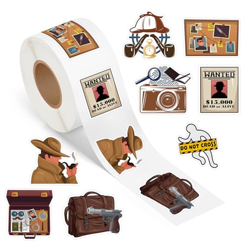 500 Pcs Detective Stickers Roll Secret Agent Spy Crime Investigation Decal Self Adhesive Waterproof Birthday Party Decorations Supplies Favors Cartoon Reward Scrapbook Envelope Seals DIY Craft Decals