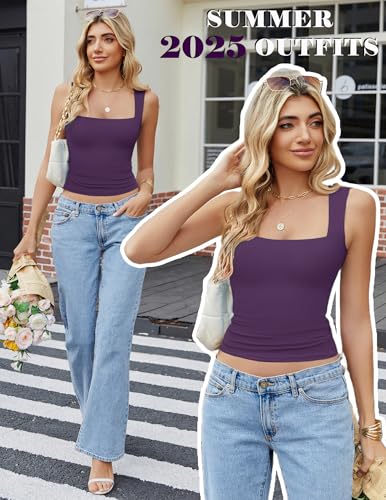 Image of Avidlove Women's Square Neck Tank Top Double Lined Basic Crop Tops Going Out Shirt Slim Fit Summer