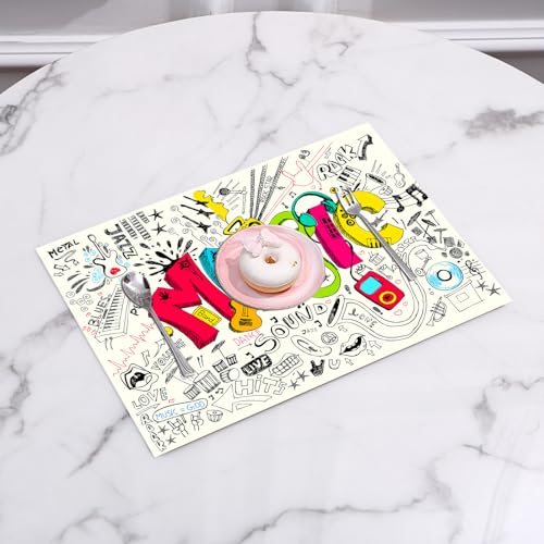 EYLOZS Tovagliette Lavabili,Set di 4 Tovagliette Colazione in PVC,Antiscivolo,Resistenti al Calore,per Tavolo da Cucina,Musica, Pop Art in primo piano in stile Doodle con sfondo musicale con,45x30cm