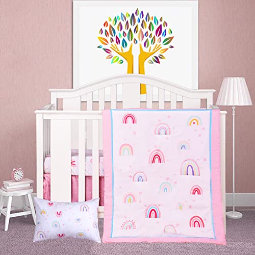 Image of Cloele Baby Girl Crib Bedding Set 4 Piece Rainbow Baby Comforter Bed Set Includes Crib Skirt Crib Quilt Fitted Sheet Toddler Pillowcase - Pink Soft Nursery Bedding Set for Girls