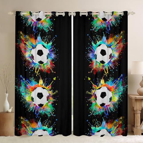 Homemissing Football Curtains for Bedroom Living Room Kids Soccer Ball Pattern 30%-50% Blackout Curtains Boys Girls Hip Hop Darkening Drapes Sports Theme Black Window Treatments W46*L54