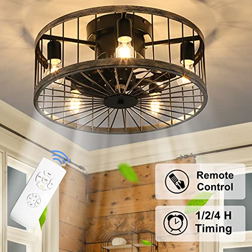 Ohniyou Caged Ceiling Fan With Light, 20 Inch Low Profile Farmhouse Ceiling Fan With Remote Control, Flush Mount Bladeless Enclosed Rustic Wood Color Edge Ceiling Fans For Living Room Kitchen Bedroom #TOP5