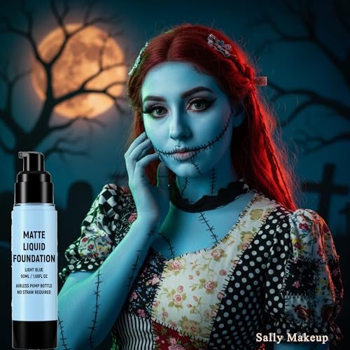 Wismee Light Blue Liquid Foundation,Full Coverage Pale Blue Body Paint for Corpse Bride Halloween SFX Avatar Sally Makeup - Thumbnail 2