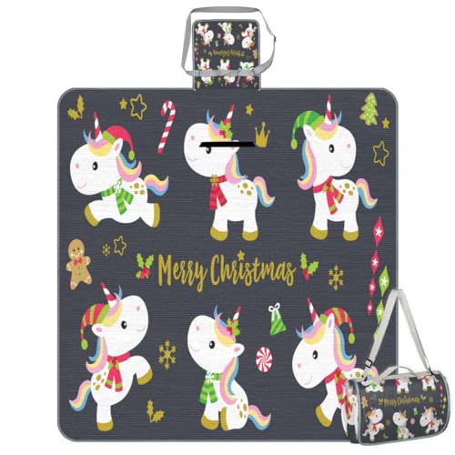 Shimoshe Picnic Blankets 57”x 59”, Cartoon Christmas Unicorn Waterproof Sandproof Picnic Mat Lightweight Foldable Beach Blanket for Camping Park Grass Beach Outdoor Blanket
